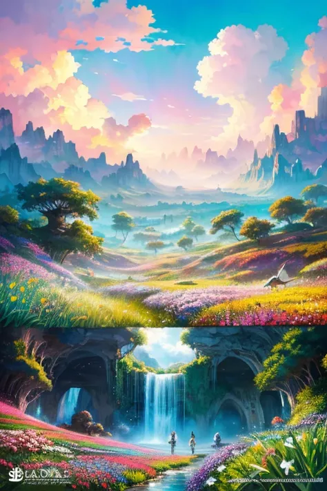 Anime Conceptual installation art combining watercolors, acrylics and collage. Landscape painting only, ultra detailed, absolute resolution, masterpiece. Wide angle aerial background of vibrant pastel colored flower fields. Wonderland world view. Cascading...