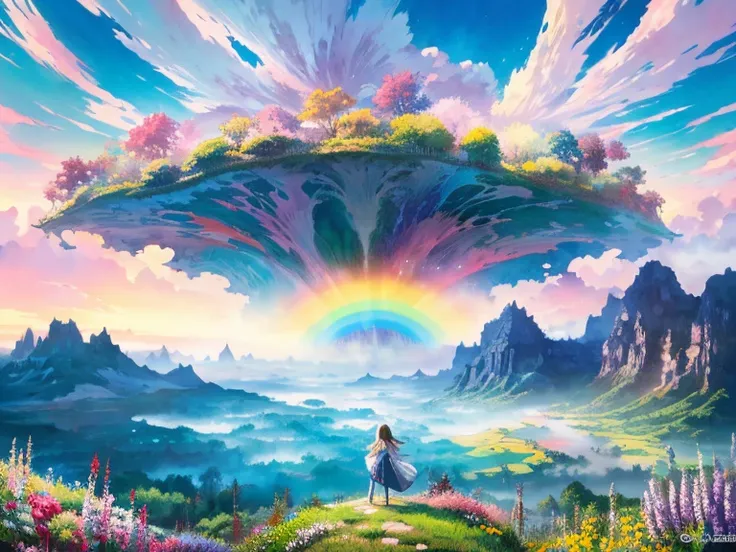 Anime Conceptual installation art combining watercolors, acrylics and collage. Landscape painting only, ultra detailed, absolute resolution, masterpiece. Wide angle aerial background of vibrant pastel colored flower fields. Wonderland world view. Cascading...