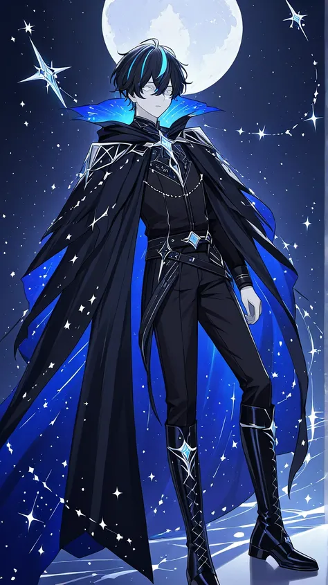 "A mysterious boy with glowing silver eyes that shimmer like starlight, pale moon-kissed skin, and messy midnight-black hair streaked faintly with icy blue highlights. He wears an ethereal dark cloak adorned with tiny embroidered constellations, paired wit...