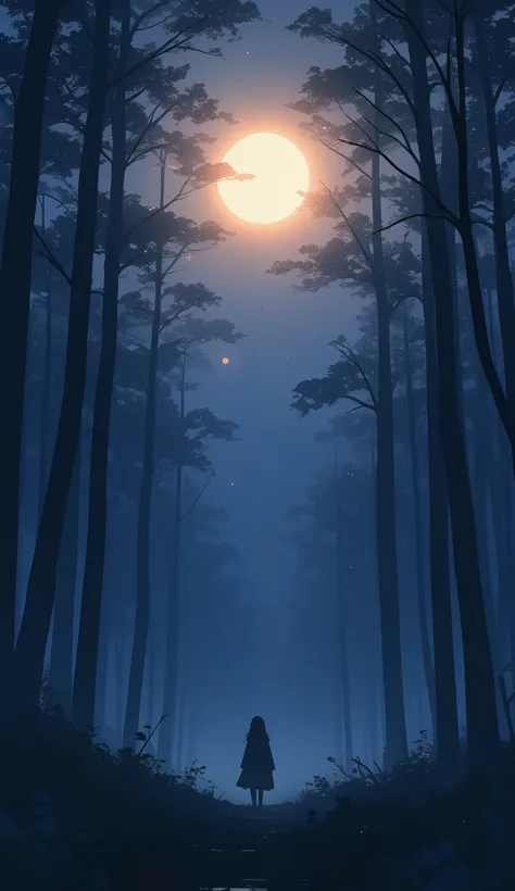   trending on artstation , A minimalist anime-style forest at midnight, with silhouettes of tall trees and a bright, radiant moon casting soft light through the mist. Aesthetic and mysterious.