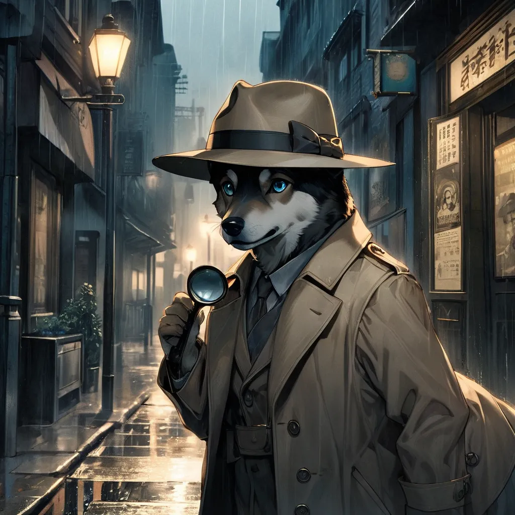 A detective dog in a noir-inspired setting, wearing a classic trench coat and fedora hat, holding a magnifying glass. The background is a dimly lit 1940s-style city street with rain-soaked cobblestones and glowing street lamps. The dog has expressive eyes ...