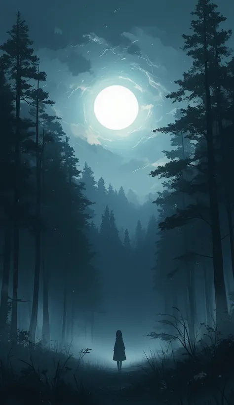 a melancholic anime scene,  trending on artstation , A minimalist anime-style forest at midnight, with silhouettes of tall trees and a bright, radiant moon casting soft light through the mist. Aesthetic and mysterious.
