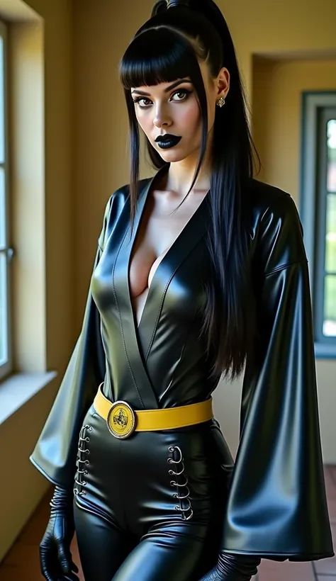 ANGELINA JOLIE, Dominatrix  , BDSM, blue yellow latex , brilliant, metallic, corps latex noir, leggings en latex noir,  latex Japanese latex kimono latex  , corset latex jaune, cuissardes Bottes en latex pour les cuisses, straight hair attached,  cruel and...