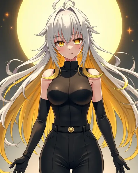 Anime girl 
Hair: white and yellow 
Eyes: sharp yellow 
Bishop: White 
Black shirt without sleeves 
Black trousers 
gloves 
 