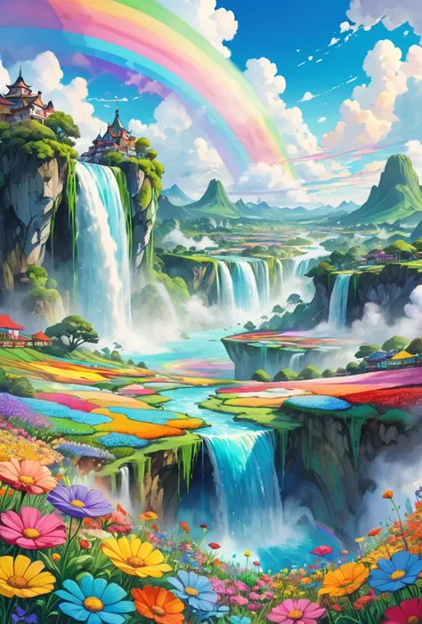 Anime Conceptual installation art combining watercolors, acrylics and collage. Landscape painting only, ultra detailed, absolute resolution, masterpiece. Wide angle aerial background of vibrant pastel colored flower fields. Wonderland world view. Cascading...