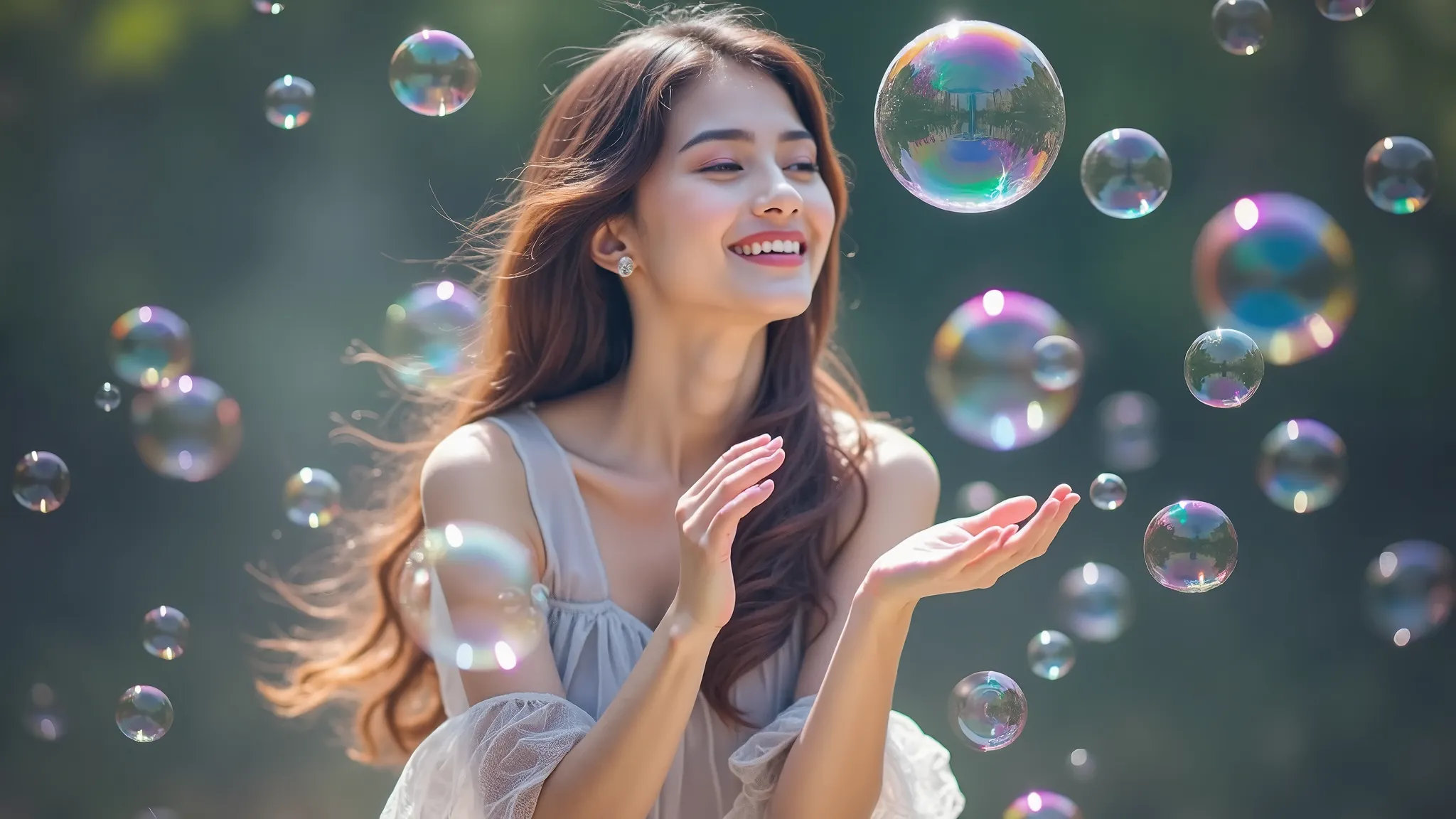 high quality photo of nice woman in a dress blowing bubbles in the air, bubble, soap bubble mind, dilraba dilmurat, bubbles in the air, ethereal bubbles, 8k artgerm bokeh, bubbly, bubbles, lots of bubbles, bubbly scenery, soap bubble, yanjun chengt, ethere...