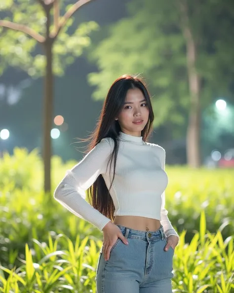 A Beautiful asian women with long black straight hair, 20 years old,sexy, wearing a cute, nightview,  nighttime, cat eye make-up, beautiful eyes ,  full body shot, sexy pose,  sexy pose, High resolution, selfie, good quality,  masterpiece, sexy pose,full b...