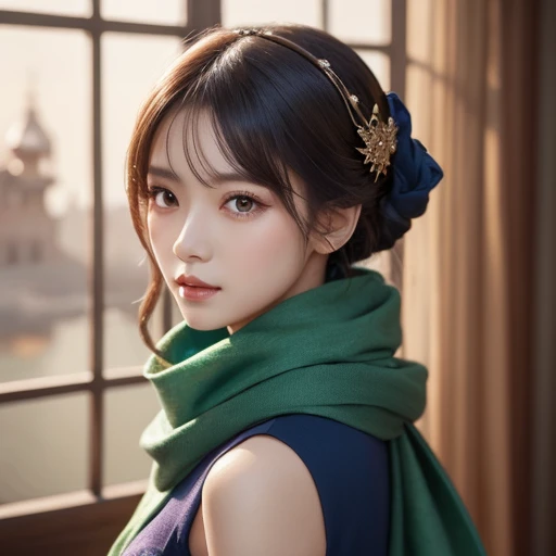 A woman in a blue dress with a long green scarf, Beautiful Portraits,  beautiful fantasy empress , extremely detailed .   animated illustration   , Inspired by Fuhua,  