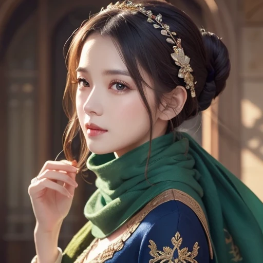 A woman in a blue dress with a long green scarf, Beautiful Portraits,  beautiful fantasy empress , extremely detailed .   animated illustration   , Inspired by Fuhua,  