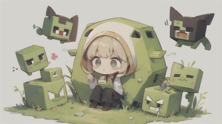  and Minecraft 　Chibi Chara Creeper　 cute　 cute　 plain background