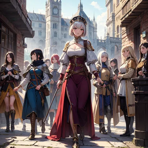 High quality, Ultra detailed, best quality, insanely detailed, beautiful, masterpiece, Vivid colors, Glossy skin, Group of women, Knights, Medieval, Fantasy