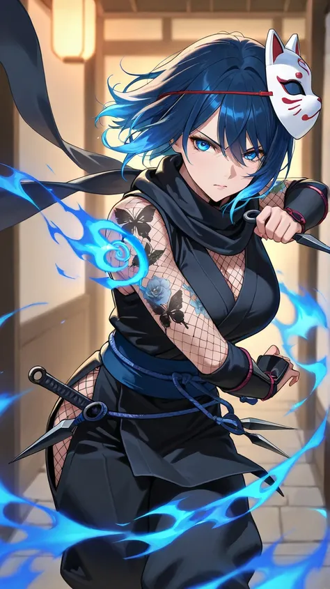  Kunoichi, details face, blue eye, adult woman, black outfit,Kunai, serious expression, blue hair, mask on head, cat mask , Standing action at night , black butterfly tattoo, Blue flames swirl around, Scarf fluttering in the wind 