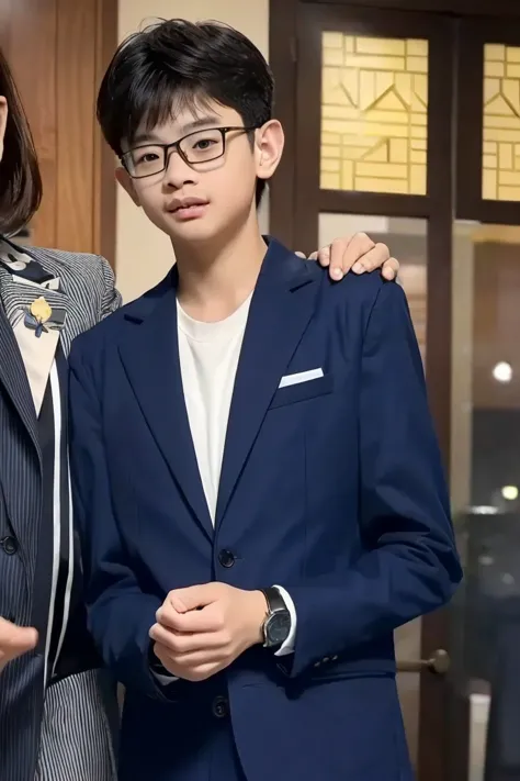 Fresh and handsome 14-year-old new employee、Chinese 14-year-old boy、merchant、ultra luxury suit、striped suit、streetview　Stand up in a suitＳYoung and handsome man、　fully body photo、　（CG Unity 8K high-detail photos）、photoreali）、（（top-quality））、ultra - detaile...