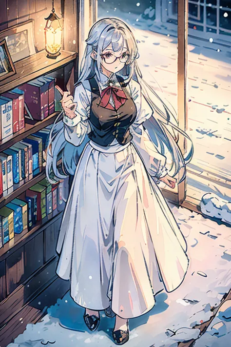  long silver hair、Glasses、 female in her 20s、 wearing a vest and long skirt dress holding a light in her hands。I'm holding a light in my hand。I'm inside the library 。 it's snowing outside。