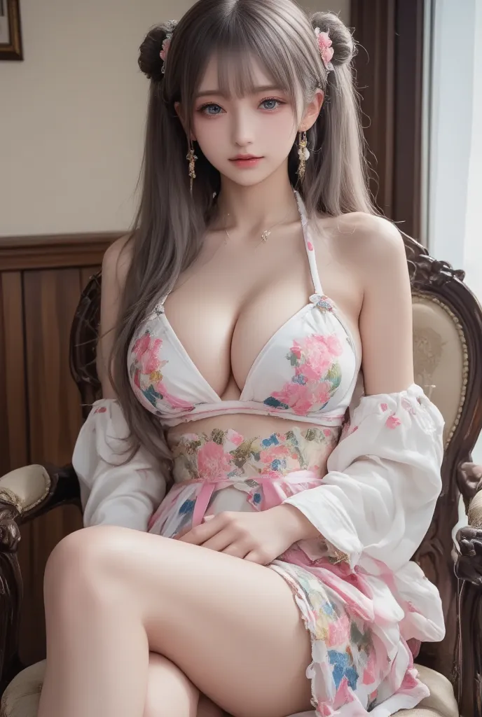 (masterpiece, highest quality:1.2), solo young woman sitting indoors on a beautifully crafted chair, her long grey hair styled in twintails with double buns decorated with flowers and tassels. She has captivating blue eyes and large breasts, gazing softly ...