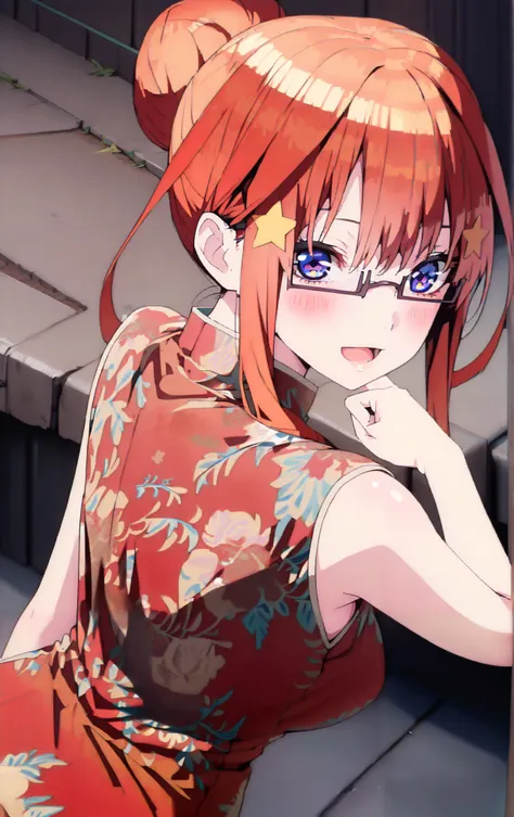 Nakano Mizuki ,  long hair,  blue eyes,  hair ornament,  red hair,  hair bun , star (  symbol ), Lick the boy's penis with half-framed glasses ,  glasses under the rim, star  hair ornament, smile,blush, open the mouth,sleeveless red china clothes,Big Breas...