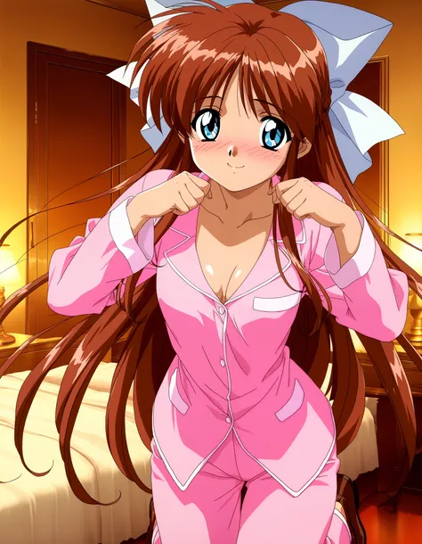  general , highres, game cg, ultra-detailed,very aesthetic,best quality ,best hands,
Hinomori_Azusa_this,  1girl , very long hair, brown hair, white ribbon,  blue eyes, hair ribbon, breasts, bangs, 1990s \(style\),anime coloring, jewelry, loafers, hair bow...