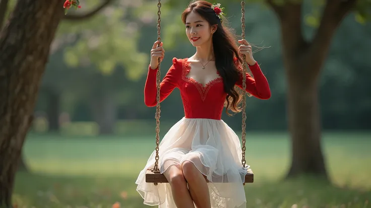 high quality photo of nice woman in red and white dress sitting on a swing, red and white, with a red skirt, attractive and beautiful, very attractive and beautiful, very beautiful photo, red and white colors, gorgeous female, wearing a red outfit, white a...