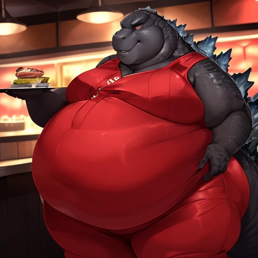 by lollipopcon, by azelyn, by bakemonoy, (solo:1.5), A fat (male godzilla), (red elegant attire suit:1.5), (wide butt:1.4), (soft belly:1.6), (morbidly obese:1.7), (godzilla is standing by restaurant:1.5), (scales on back of Godzilla), 8k, 1080P, masterpie...