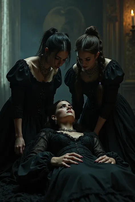 Two Gothic woman leaning over Gothic milf unconscious