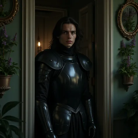 young handsome man age 18, with long black hair wearing black steel knight vampire armour. standing at the door in the room with herbs, wall art frame herbs and flowers, night, realistic 4k, gentle smile