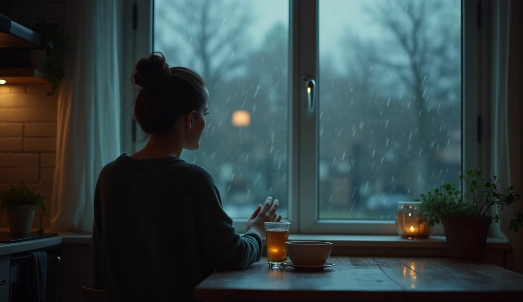 Photorealistic image of a woman,  sitting in the kitchen in the house ,  looking out the window at a rainy day . Night. Outside the window, the gray sky ,  raindrops are knocking on the glass .  on the table — a cup of cold tea 