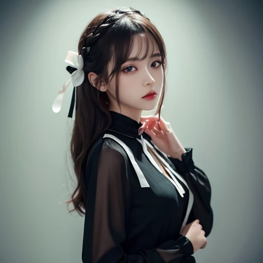 ((masterpiece,  top quality )), best aesthetics, 1 girl, Alone,  long hair,  black dress, flower, ribbon,  black background,  black hair,  Rose, hair ribbon,  green eyes,  Long Sleeve , white  Rose,   closed mouth , black ribbon,  upper body,  cinematic li...