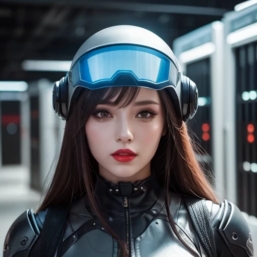  close-up of a woman wearing a futuristic helmet and red lipstick, Cyberpunk Jackie Wells, cgsociety 9,  style for stilets = Retro futuristic ,  beautiful android woman ,   female android ,  retro futuristic fashion , movie「 Blade Runner 」Still image of, F...