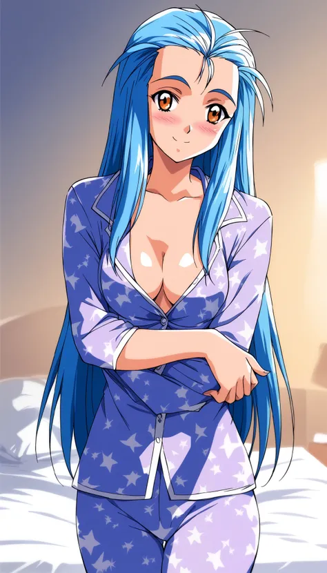 score_9, score_8_up , score_7_up , source_anime, rating_explicit, minazuki_Kotoko, blue hair, long hair, orange eyes, medium breasts, 1girl , Alone, 1990s (style), (cowboy shot),  Tiny Breasts , cleavage, (blush), (shy:1.1), (smile), (sexy pajamas), ( sexy...