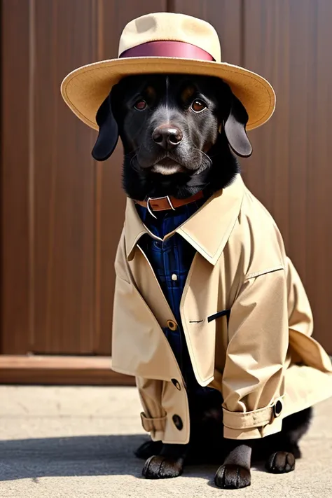 （0218）Theme：Dog Detectives/Dog detective/Dog Detective "A dog fully dressed as a classic detective, wearing a brown deerstalker hat and a matching trench coat. The outfit is the main focus, covering the dog's body completely like a real detective. The dog ...