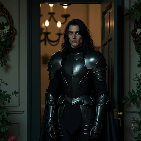 young handsome man age 18, with long black hair wearing black steel knight vampire armour. standing at the door in the room with herbs, wall art frame herbs and flowers, night, realistic 4k, gentle smile