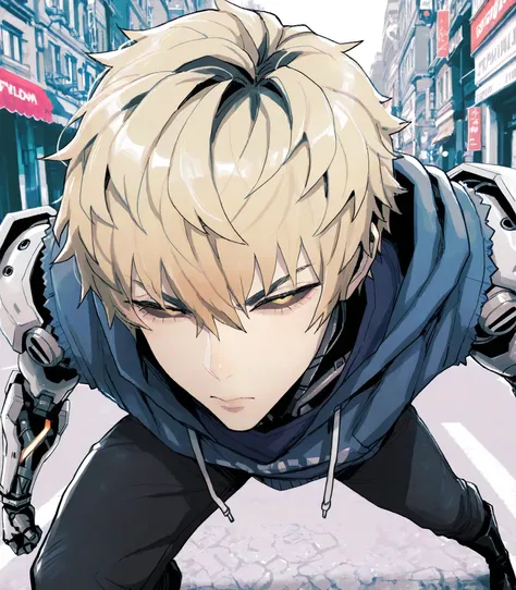 (Masterpiece, best quality), _(deadflow) style, (dynamic pose, solo), looking at viewer, (high resolution, high detail), face focus, genos, blue tank top hoodie, black pants, cyborg, robotic, robotic arms, robotic neck, dark brown sclera, light yellow eyes...