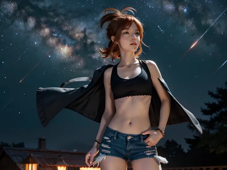 hilda,  short hair,  orange hair, Black bra,  slim body,  small bust, hands to the chest,  red cape, jeans,  pretty legs, cabin,  Starry Sky, milky way, 