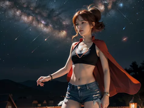 hilda,  short hair,  orange hair,  black bra,  slim body,  small bust, hands to the chest,  red cape, jeans,  pretty legs, cabin,  Starry Sky, milky way, 