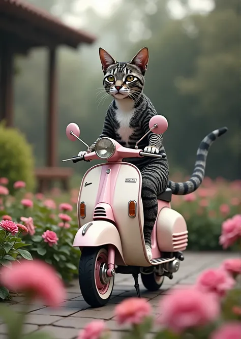 Eighty black and white pheasant tiger pattern cat 、 riding a white and pink Vespa、 it's coming over here 、It's a square with a flower bed 、Blurred Background