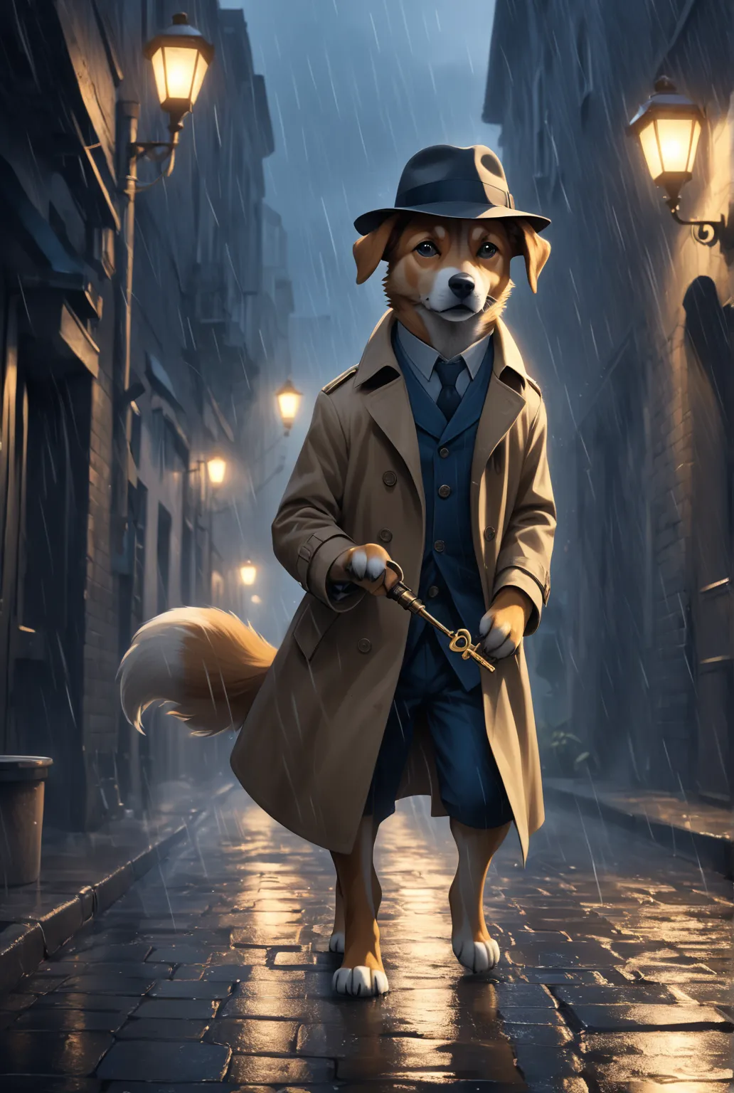 A cinematic movie poster featuring a heroic detective dog in an action-packed noir setting. The dog stands dramatically on a rain-soaked cobblestone street, wearing a classic trench coat and fedora hat, holding a magnifying glass in one paw while the other...