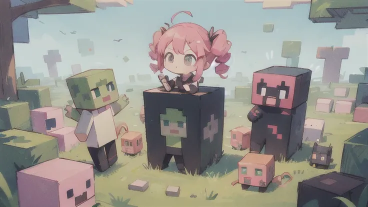  and Minecraft の世界背景　Chibi Creeper 　 cute　 cute　Overlays for delivery　pink drill twin tail　Enderman　 and Minecraft 