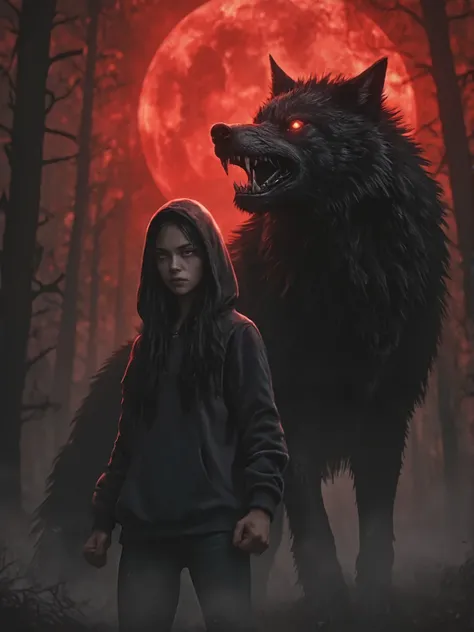 (best quality, ultra-detailed, intricate textures:1.2), (masterpiece, award-winning composition, cinematic lighting:1.2), **a young woman in a black hoodie stands to the leftbehind a massive black wolf, in the right, both with glowing red eyes burning with...