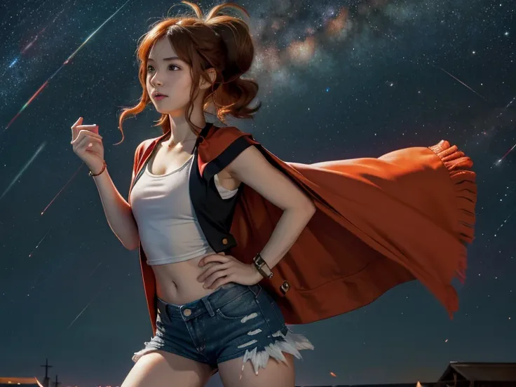 hilda,  short hair,  orange hair,  slim body,  small bust, hands to the chest,  red cape, jeans,  pretty legs, cabin,  Starry Sky, milky way, 