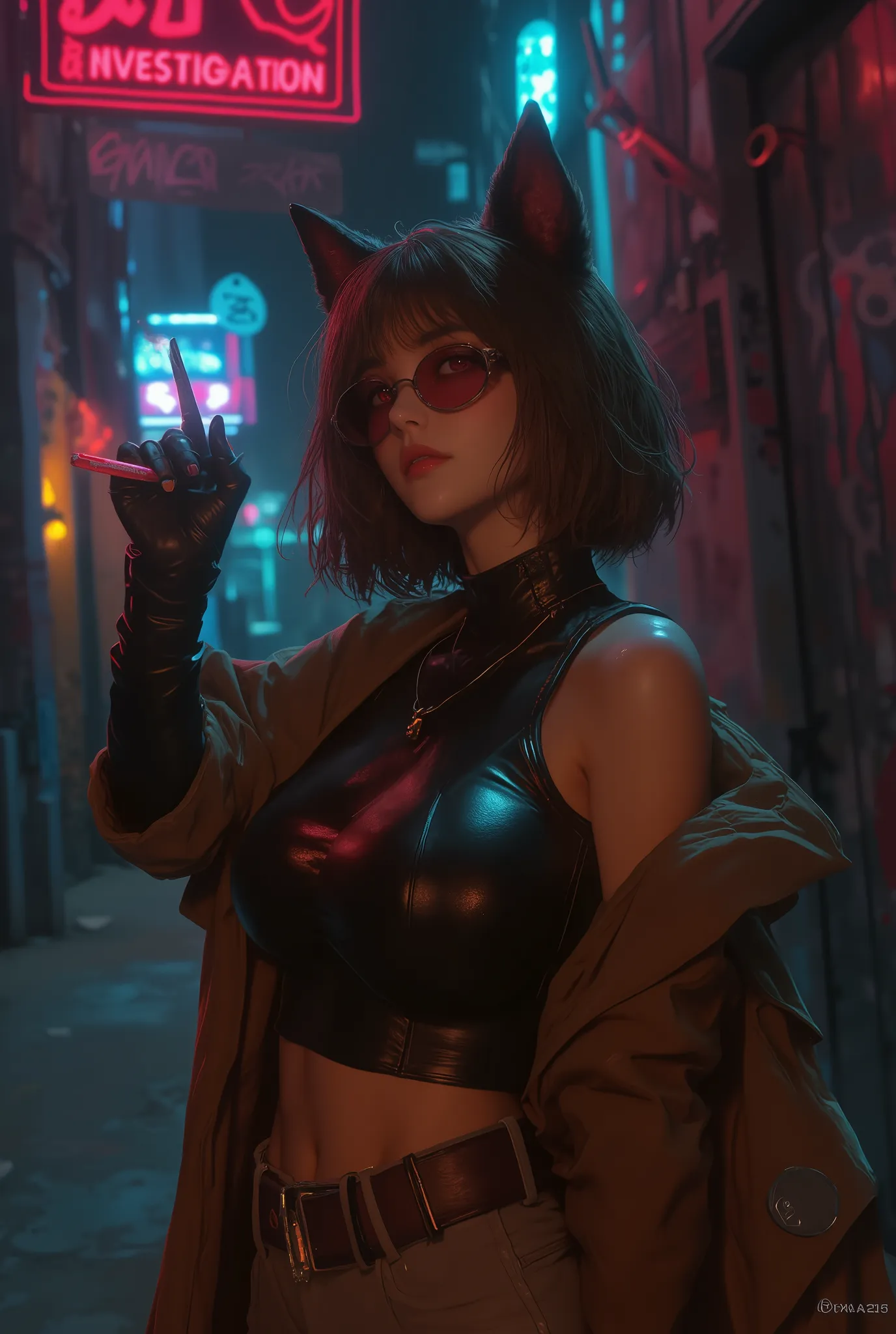 Dog ears girl, Dog Detectives girl, alone, chest,  short hair,  brown hair,  red eyes,  round sunglasses   ,arm under  chest other hand holding cigarettes,  raise your arms,  standing,   busty and stylish, Shoulder Skin  ,  off shoulder ,   sexy,  brown tr...