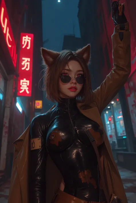 Dog ears girl, Dog Detectives girl, alone, chest,  short hair,  brown hair,  red eyes,  round sunglasses   ,arm under  chest other hand holding cigarettes,  raise your arms,  standing,   busty and stylish, Shoulder Skin  ,  off shoulder ,   sexy,  brown tr...