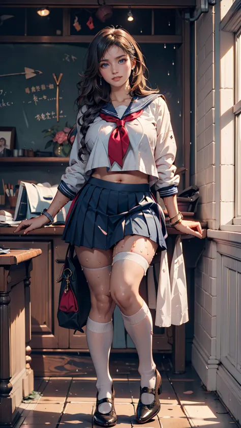 (8k), ( top quality: 1.2), ( by Nomi), ( Photorealistic: 1.37),  super high heels,  girl,  cute, smile,  I closed my mouth,  beautiful details, Beautiful Nose,  full body,  wet hair, Giant Dalcefo,  school uniform( sailor suit),  thighs、 micro mini pleated...