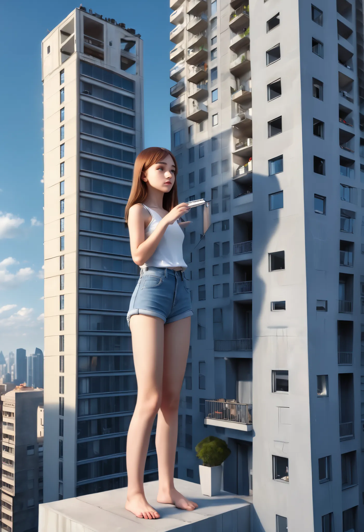 Giantess young girl standing next to tall building and look at man on tiny balcony