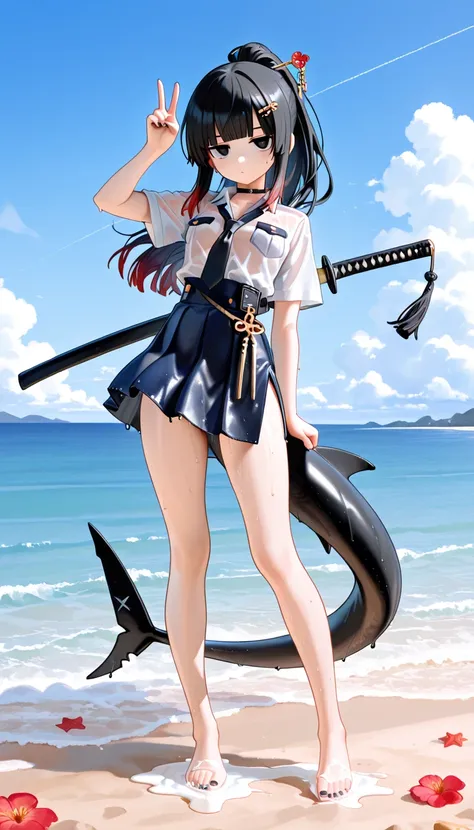 1girl, black eyes, jitome(0.5), Black Hair, red Gradient Hair, blunt bangs, hime cut, ponytail, black shark tail, small Breast, police, high-waist, Side slit skirt, Choker, bare legs, foot, toenails, nail polish, black nails, masterpiece, best quality, Per...