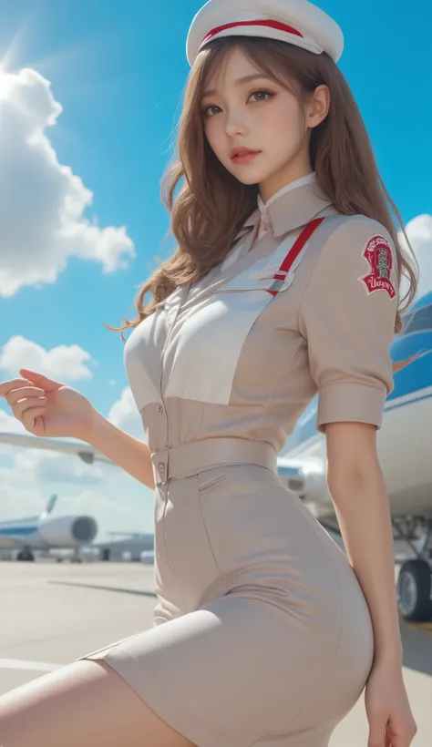  beautiful, Wonderful, stewardess,  fine eyes ,  detailed labia,  detailed makeup ,  glamorous,  elegant,  confident,  professional,  Stylish Uniforms , Pretty hairstyle ,  Friendly Smiles ,  high heels, airport runway, Airplane on background, clear blue s...