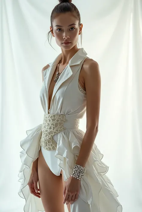 a full-length promotional photoshoot of a professional model for advertising unusual clothes and jewelry. The background is white with soft shadows that emphasize her complexion.