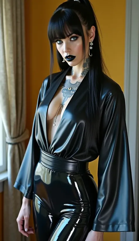 ANGELINA JOLIE, Dominatrix  , BDSM, blue yellow latex , brilliant, metallic, corps latex noir, leggings en latex noir,   latex Japanese latex kimono  , cuissardes Bottes en latex pour les cuisses, straight hair attached,  cruel and severe face , consider e...