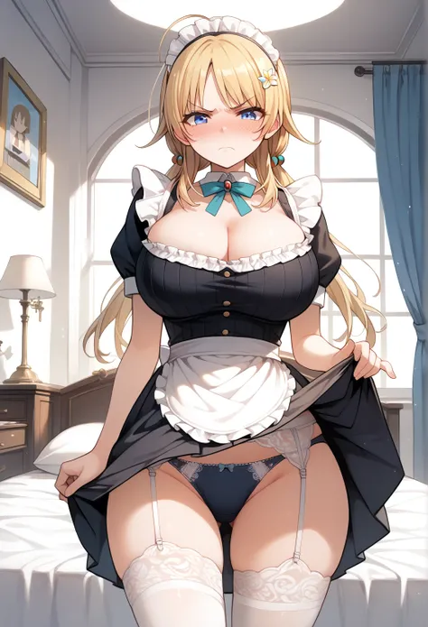 hachimiya meguru, 1girl, blonde hair, low twintails, long hair, blue eyes, gigantic breast, curvy, huge hip, maid dress, cleavage, white brim, short sleeves, ribbed, center frilles, lace trim, bare shoulders, short skirt, thigh highs, (bursty breasts:1.2),...