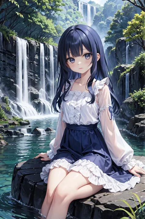 (8k),  high res, (Playful ), whole body,  dark blue hair , , ,  comical, ロング frill , white long nightgown, Long Size,  frill,  Long Sleeve,  , River Background, Iwabe, waterfall, tree,  bright colors visible from the forehead,  soft writing , （More sophist...