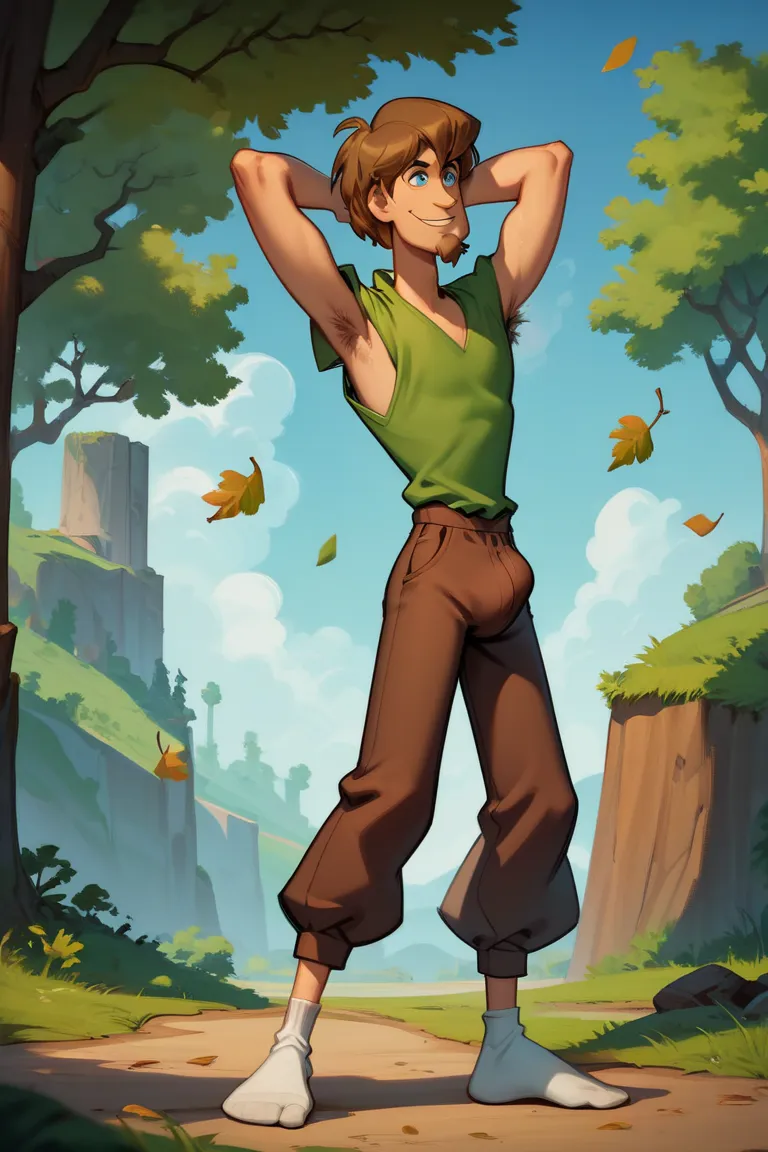 score_9, score_8_up, score_7_up, ShaggyRogers, 1boy, goatee, brown hair, brown pants, green shirt, solo, standing, leaning against Mystery Machine, smiling, day, outdoors, sunny, trees, grass safe_pos, safe_pos, masterpiece, best quality, amazing quality, ...